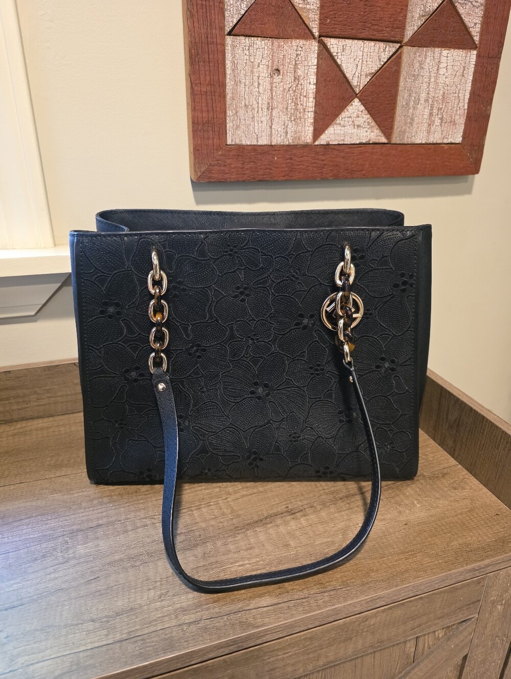 Michael Kors Black Floral Embossed Women's Tote Bag with Chain Straps
